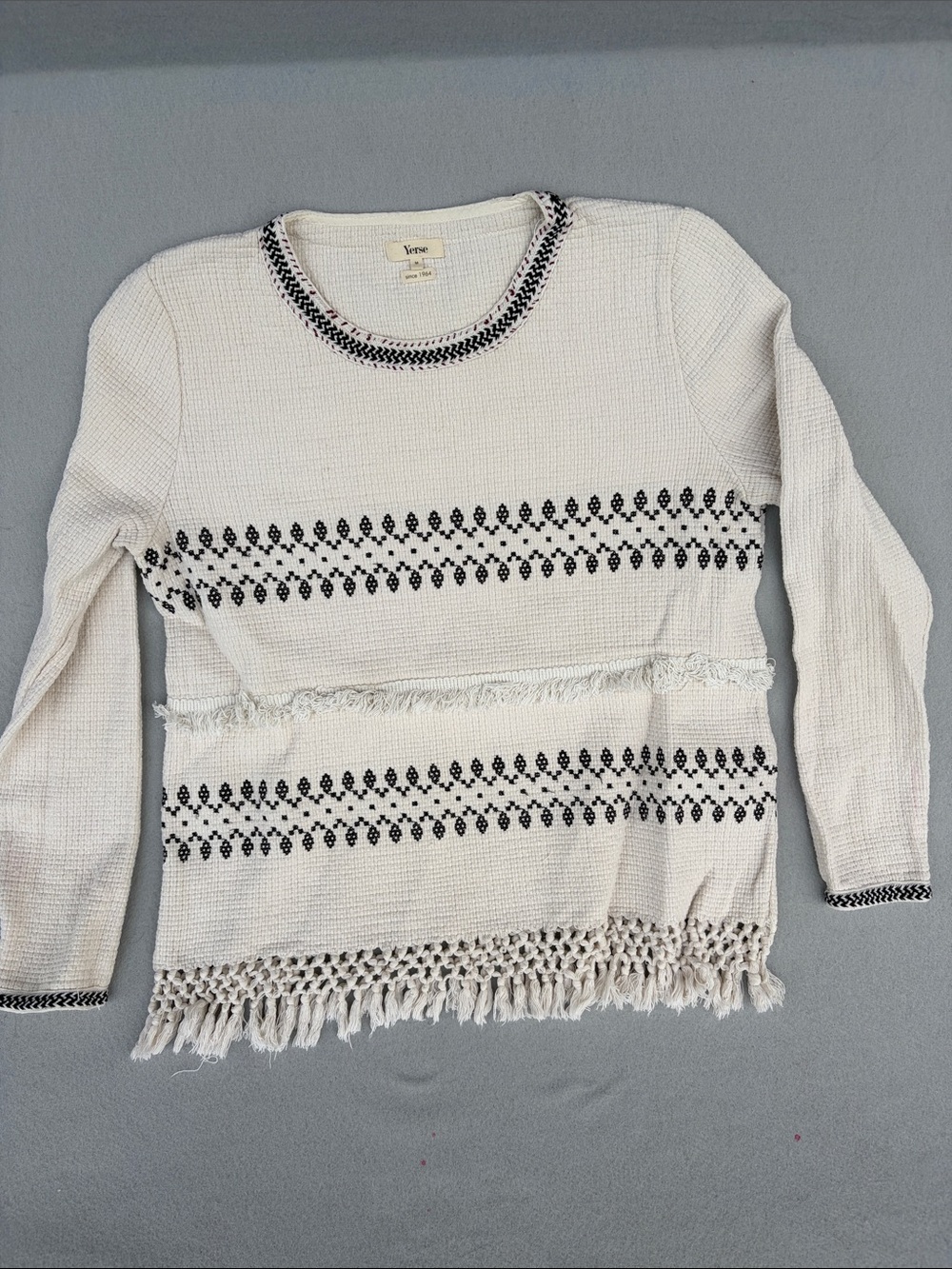 Vince Ivory Knit Fringe Sweater with Black Trim